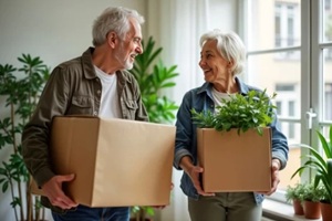 senior couple happily unpacks boxes in new home filled with houseplants