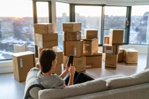 home move out of apartment moving boxes woman using online movers services on mobile phone app easy pick-up with packages for new home