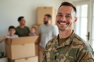 proud military soldier smiles at camera in camouflage uniform family helps with moving day