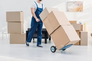 mover in uniform transporting cardboard boxes on hand truck in apartment