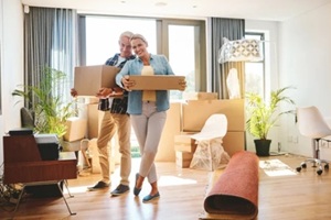 boxes and new home or moving out with living room, property or real estate support