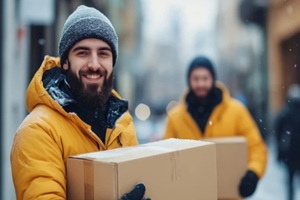 close-up of two delivery men carrying cardboard box outdoors in winter clothing