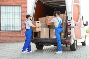 male movers unloading car with boxes on street, back view