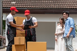 man movers worker in black uniform unloading cardboard boxes from truck