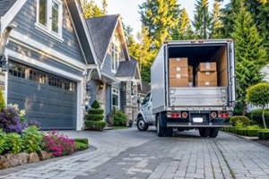 open moving truck with boxes and parcels in driveway of suburban house