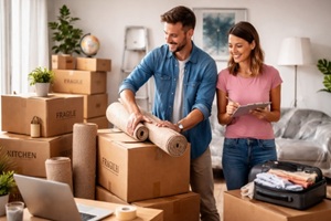 two removal company workers unloading boxes from minibus into new home